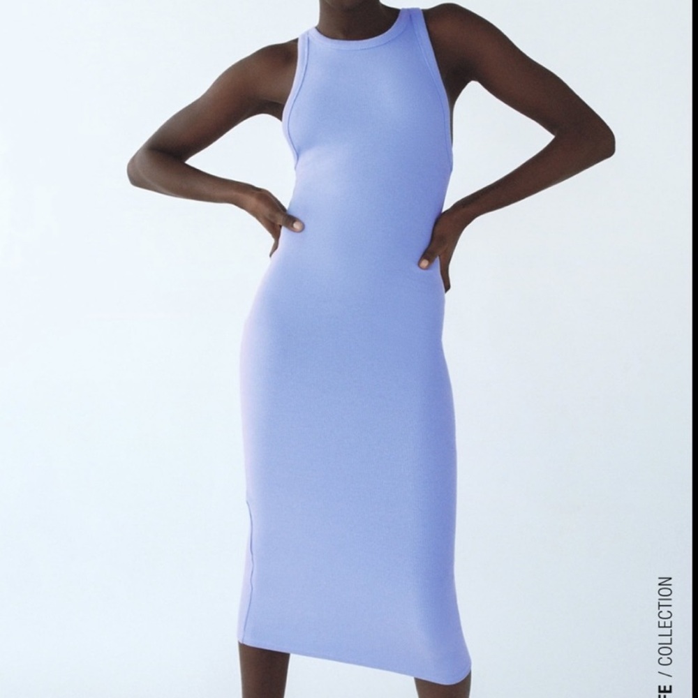 Zara Ribbed Midi Blue Bodycon Dress